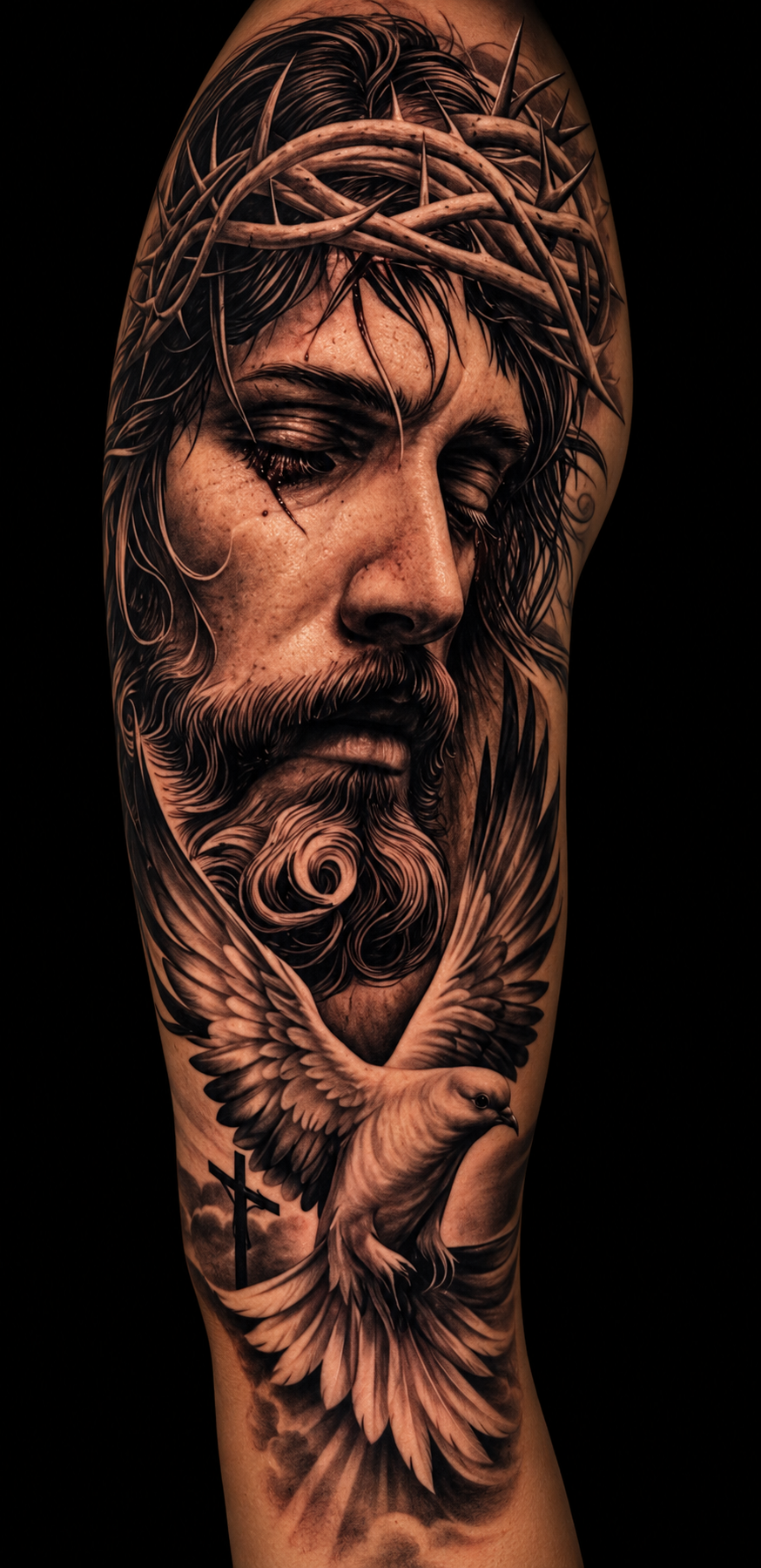 Black and grey realism tattoo of Jesus with a crown of thorns and a dove, by Evelyn Arredondo